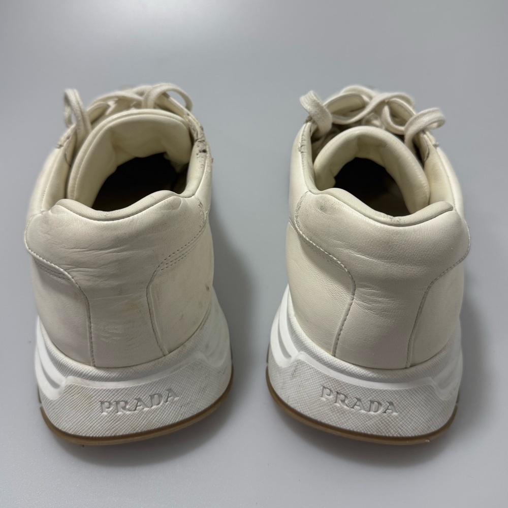 Prada Triangle-Logo Leather Sneakers White Gold Men’s Size 10 - Picture 4 of 9